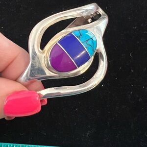 925 STERLING SILVER MEXICO MULTI STONE HINGED BRACELET. VINTAGE